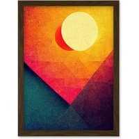 Artery8 Abstract Geometric Retro Eclipse Moon Sun Yellow Pink Teal Colourful Sunset Artwork Framed Wall Art Print A4 in Brown