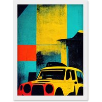 Artery8 Andy Warhol Inspired Modern Abstract Car Taxi Yellow Orange Teal Black Artwork Framed Wall Art Print A4 in White