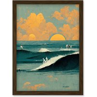 Artery8 Surfers Surfing Chasing Waves at Sunset Teal Mustard Abstract Oil Paint Artwork Framed Wall Art Print A4 in Brown