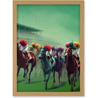 Artery8 Kentucky Derby Horse Racing Jockeys Modern Oil Painting Artwork Framed Wall Art Print A4 in Light Oak