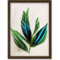 Artery8 Tropical Plant Feathery Leaves Green Turquoise Simple Botanical Illustration Artwork Framed Wall Art Print A4 in Brown