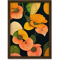 Artery8 Modern Tropical Lake Flowers Orange Yellow Peach Cream Warm Colours on Dark Green Artwork Framed Wall Art Print A4 in Brown