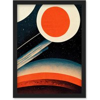 Artery8 Retro Boho Space Starscape Abstract Mid Century Style Navy Teal Orange Cream Artwork Framed Wall Art Print A4 in Black