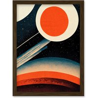 Artery8 Retro Boho Space Starscape Abstract Mid Century Style Navy Teal Orange Cream Artwork Framed Wall Art Print A4 in Brown