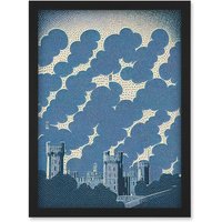 Artery8 Windsor Castle with Cloudy Sky Lithograph Illustration in Blue Artwork Framed Wall Art Print A4 in Black