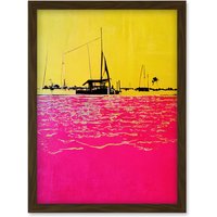 Artery8 Modern Abstract Seaside Port With Colour Blocking Yellow & Hot Pink Artwork Framed Wall Art Print A4 in Brown
