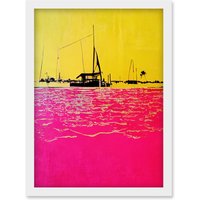 Artery8 Modern Abstract Seaside Port With Colour Blocking Yellow & Hot Pink Artwork Framed Wall Art Print A4 in White