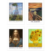 Artery8 Wall Art Print Classic Paintings Monet Woman Parasol Munch Scream Da Vinci Jesus Saviour World Salvator Mundi Van Gogh Twelve Sunflowers A4