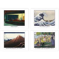 Artery8 Wall Art Print Classic Paintings Hopper Nighthawks Hokusai Great Wave Rainstorm Mount Fuji Seurat Sunday La Grande Jatte A4 Poster Pack of 4