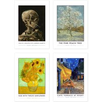 Artery8 Wall Art Print Classic Paintings Van Gogh Skeleton Cigarette Pink Peach Tree Twelve Sunflowers Café Terrace A4 Poster Pack of 4 Wall Art