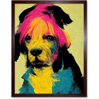 Artery8 Wall Art Print Pop Art Dog Bright Pink Yellow Blue Vintage Style Painting Art Framed in Brown | Size: W12" x H16"