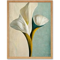 Artery8 Wall Art Print Cala Lily Lilies Flower Abstract Minimalist Painting Duck Egg Cream Mustard Art Framed in Light Oak | Size: W12" x H16"