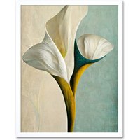 Artery8 Wall Art Print Cala Lily Lilies Flower Abstract Minimalist Painting Duck Egg Cream Mustard Art Framed in White | Size: W12" x H16"
