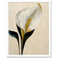 Artery8 Wall Art Print Cala Lily Lilies Flower Abstract Minimalist Painting Cream Emerald Green Mustard Art Framed in White | Size: W12" x H16"
