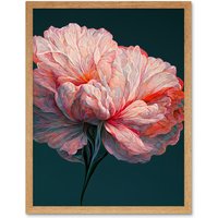 Artery8 Wall Art Print Pink Carnation Dark Teal Flower Abstract Floral Painting Art Framed in Light Oak | Size: W12" x H16"