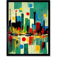 Artery8 Wall Art Print Abstract Bright Midcentury Style Colourful Cityscape Skyline Painting Blue Red Yellow Pink Green Art Framed