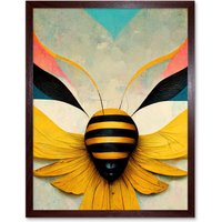 Artery8 Wall Art Print Abstract Bumble Bee Heart Painting Contemporary Yellow Black Beige Blue Coral Pink Art Framed in Brown | Size: W12" x H16"