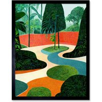 Artery8 Midcentury Style Garden Jungle Orange Teal Green Framed Wall Art Print | Size: W12" x H16"