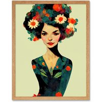 Artery8 Wall Art Print Abstract Vintage Floral Female Portrait Orange Teal Navy Art Framed in Light Oak | Size: W12" x H16"