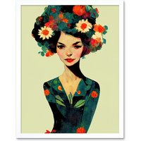 Artery8 Wall Art Print Abstract Vintage Floral Female Portrait Orange Teal Navy Art Framed in White | Size: W12" x H16"