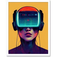 Artery8 Wall Art Print Gamer Gaming Painting Streaming VR Video Game Headset Woman Art Framed in White | Size: W12" x H16"