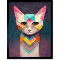 Artery8 Wall Art Print Geometric Colourful Multicoloured Pastel Cat Painting Art Framed in Black | Size: W12" x H16"