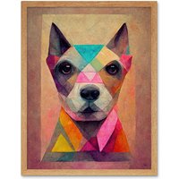 Artery8 Wall Art Print Geometric Colourful Multicoloured Pastel Dog Painting Art Framed in Light Oak | Size: W12" x H16"