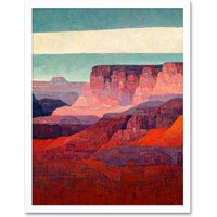 Artery8 Wall Art Print Modern Abstract Grand Canyon Style Arizona Landscape Painting Art Framed in White | Size: W12" x H16"
