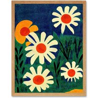 Artery8 Wall Art Print Meadow of Daisies Floral Flower Matisse Vintage Style Red Cream Blue Green Painting Art Framed in Light Oak | Size: W12" x H16"
