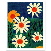 Artery8 Wall Art Print Meadow of Daisies Floral Flower Matisse Vintage Style Red Cream Blue Green Painting Art Framed in White | Size: W12" x H16"