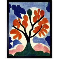 Artery8 Wall Art Print Abstract Painting Bright Matisse Style Lone Tree Painting Orange Blue Pink Green Art Framed | Size: W12" x H16"