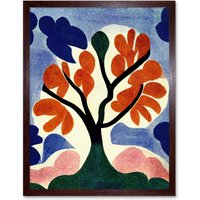Artery8 Wall Art Print Abstract Painting Bright Matisse Style Lone Tree Painting Orange Blue Pink Green Art Framed in Brown | Size: W12" x H16"