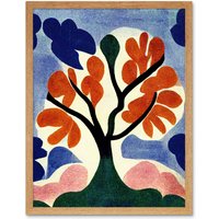 Artery8 Wall Art Print Abstract Painting Bright Matisse Style Lone Tree Painting Orange Blue Pink Green Art Framed in Light Oak | Size: W12" x H16"