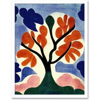 Artery8 Wall Art Print Abstract Painting Bright Matisse Style Lone Tree Painting Orange Blue Pink Green Art Framed in White | Size: W12" x H16"