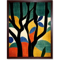 Artery8 Wall Art Print Simple Autumn Trees Orange on Blue Minimalist Matisse Style Painting Art Framed in Brown | Size: W12" x H16"