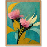 Artery8 Wall Art Print Abstract Teal Pink Mustard Flower Floral Painting Art Framed in Light Oak | Size: W12" x H16"