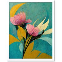 Artery8 Wall Art Print Abstract Teal Pink Mustard Flower Floral Painting Art Framed in White | Size: W12" x H16"