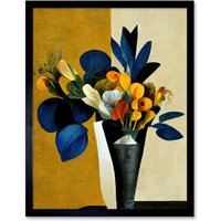 Artery8 Wall Art Print Blue Mustard Ochre Orange Autumnal Abstract Bouquet Flowers Painting Art Framed in Black | Size: W12" x H16"