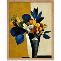Artery8 Wall Art Print Blue Mustard Ochre Orange Autumnal Abstract Bouquet Flowers Painting Art Framed in Light Oak | Size: W12" x H16"