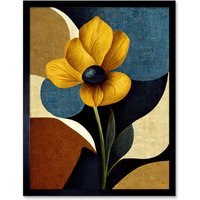 Artery8 Wall Art Print Blue Mustard Ochre Copper Autumnal Abstract Stem Flowers Painting Art Framed in Black | Size: W12" x H16"