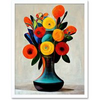 Artery8 Wall Art Print Midcentury Style Bright Floral Bouquet Flowers Painting Orange Yellow Red Turquoise Art Framed in White | Size: W12" x H16"