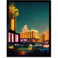 Artery8 Wall Art Print Las Vegas Strip Cityscape Skyline Street Neon Bright Painting Art Framed in Black | Size: W12" x H16"