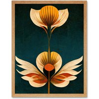 Artery8 Wall Art Print Art Deco Abstract Tulips Orange Mustard Bold Painting Art Framed in Light Oak | Size: W12" x H16"