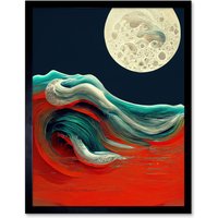 Artery8 Wall Art Print Full Moon on Red Ocean Waves Swirl Abstract Painting Art Framed in Black | Size: W12" x H16"