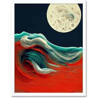 Artery8 Wall Art Print Full Moon on Red Ocean Waves Swirl Abstract Painting Art Framed in White | Size: W12" x H16"