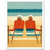 Artery8 Wall Art Print Elderly Couple Retired On The Beach Seaside Art Framed in White | Size: W12" x H16"