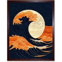 Artery8 Wall Art Print The Great Wave at Full Moon Modern Japan Seascape Woodblock Art Framed in Brown | Size: W12" x H16"
