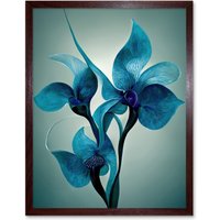 Artery8 Wall Art Print Elegant Teal Blue Orchid Flowers Painting Art Framed in Brown | Size: W12" x H16"