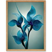 Artery8 Wall Art Print Elegant Teal Blue Orchid Flowers Painting Art Framed in Light Oak | Size: W12" x H16"