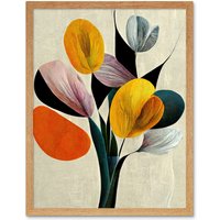 Artery8 Wall Art Print Summer Flowers Floral Bouquet Bold Abstract Boho Art Framed in Light Oak | Size: W12" x H16"
